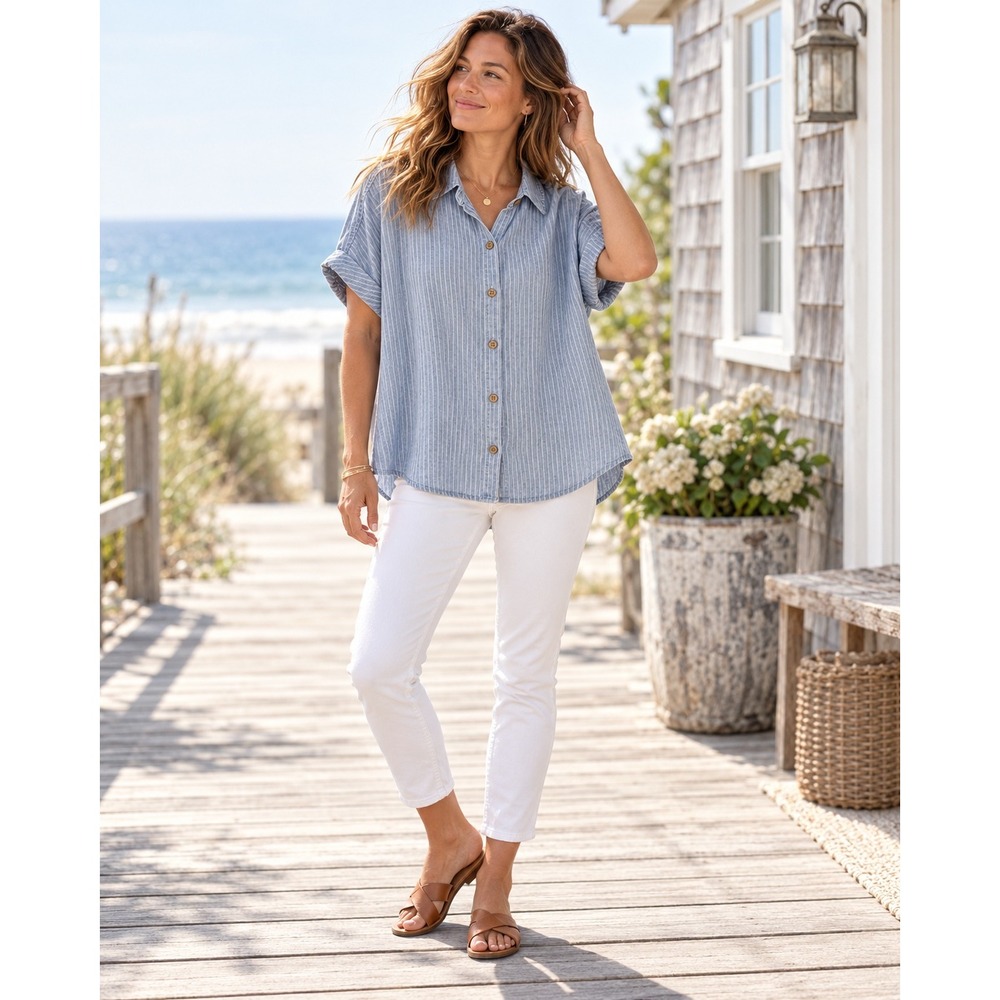 Faherty Women's Large Breeze Shirt Tried and True Stripe Linen Blend
